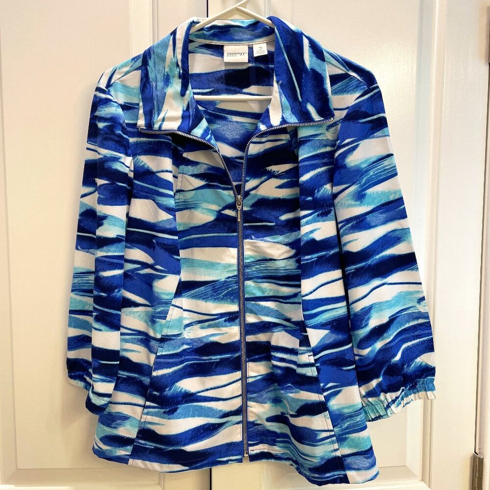 EUC Zenergy by Chico's Jacket, Blu-Wht-Grn, 3/4 Sleeves, Pockets, Chico's Sz 2